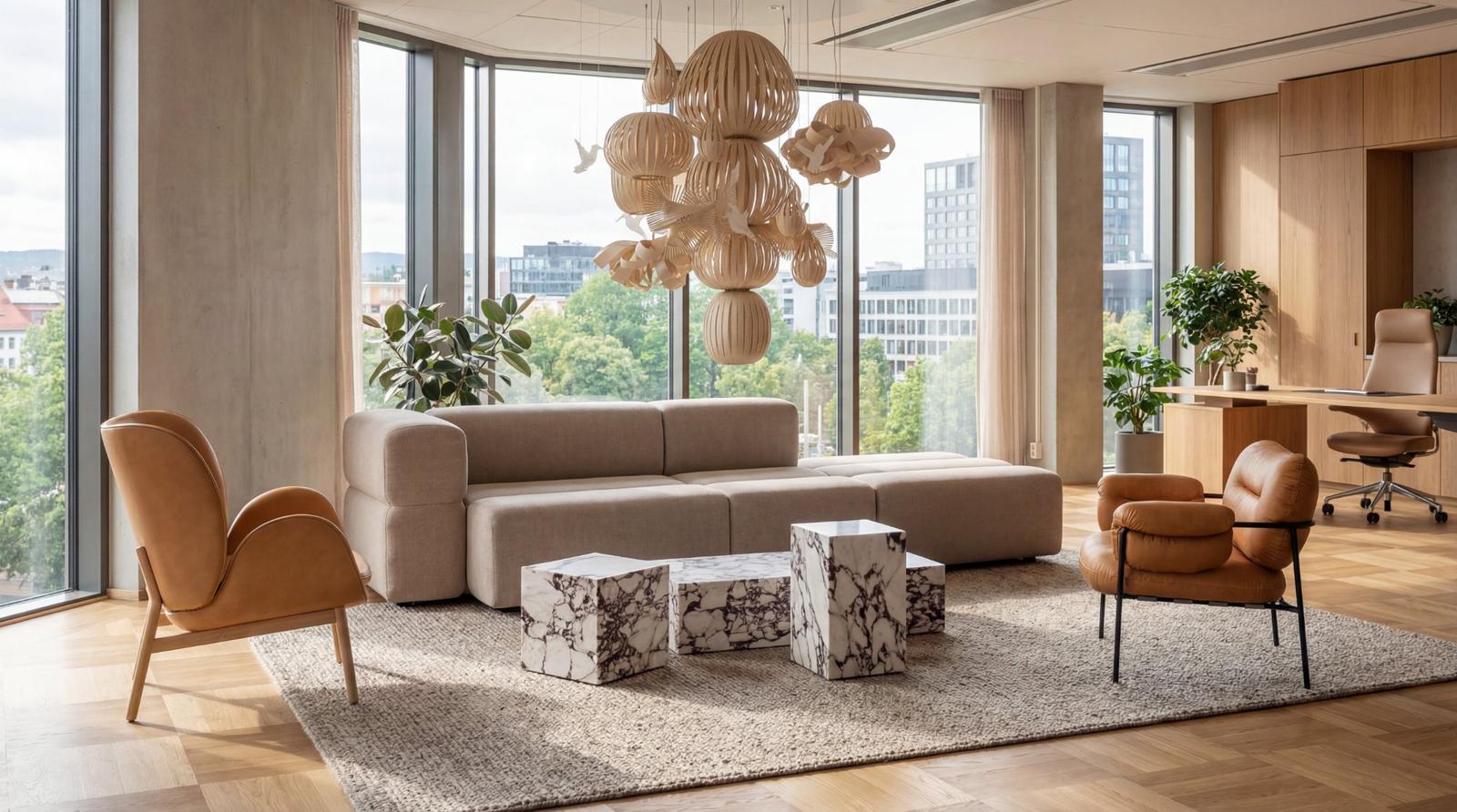 Et etablert lederkontor med en KEEEP-sofa i creme — møbler som hører hjemme over tid.